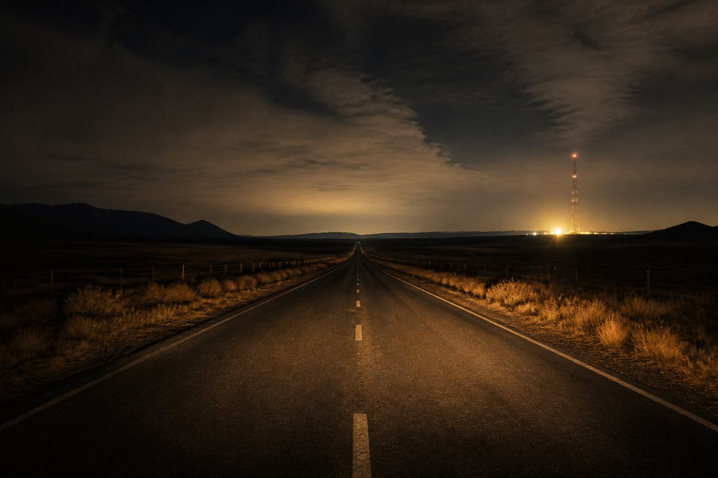 Ruta de noche, luces cálidas a lo lejos