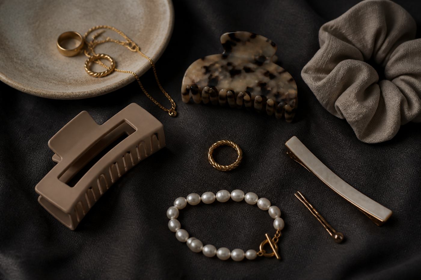 Accesorios y bijouterie sobre lino oscuro